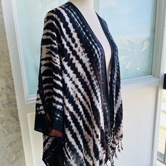 0056/ Black White Brown Kimono Cover up, Cardigan Outer with Fringes - Picture 5 of 9